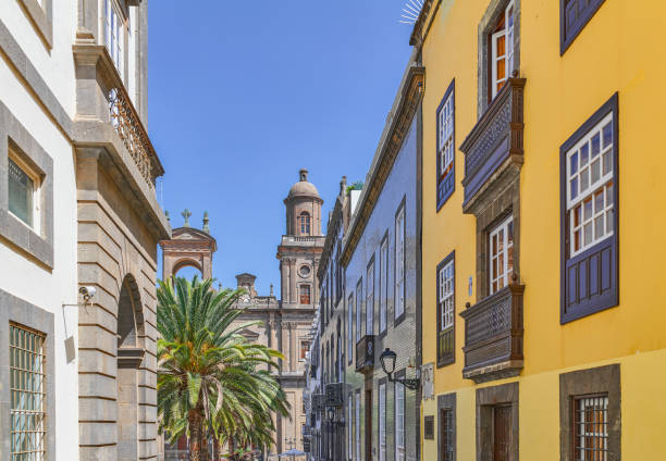 Las Palmas, Gran Canaria,  historic street with  traditional houses, leading to the Santa Ana Cathedral