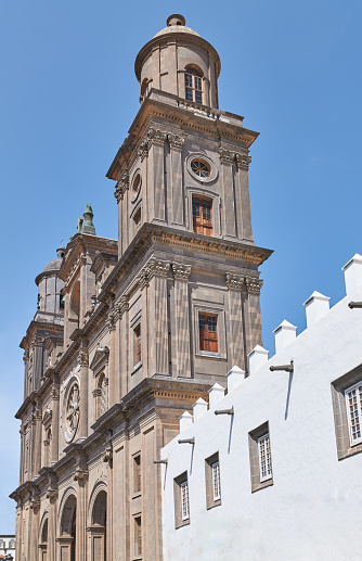 Las Palmas, Gran Canaria, upward view of  the facade and the bell towers of the Santa Ana Cathedral