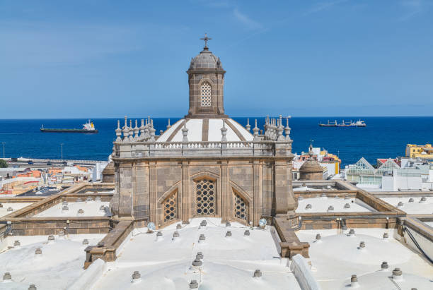 Las Palmas, Gran Canaria, the dome with the city and the ocean in the background seen from the upper terrace of the lSanta Ana Cathedral