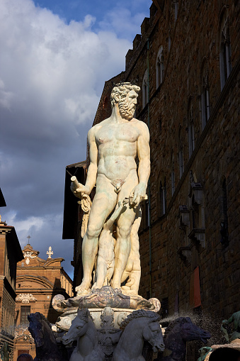 The Fountain of Neptune in Florence, situated on the Piazza della Signoria in front of the Palazzo Vecchio. Work by sculptor Bartolomeo Ammannati in the 1563-1565.