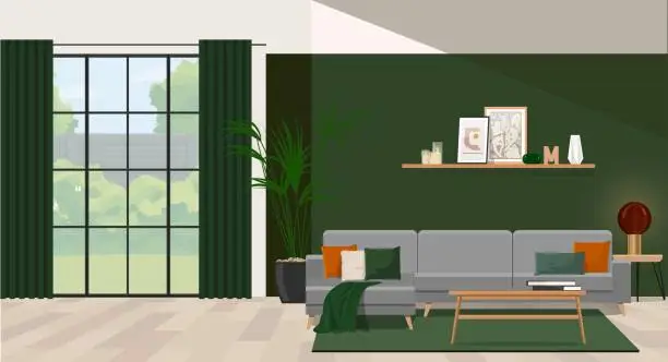 Vector illustration of Interior with a gray sofa with pillows against a green wall with a hanging shelf.
