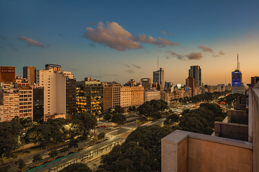 wide panoramic view over central Buenos Aires at sunny day at blue hour