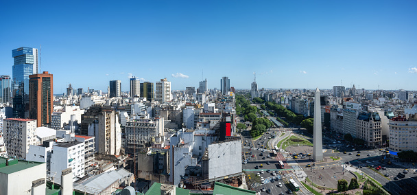 wide panoramic view over central Buenos Aires with Obelisk at sunny day in summer, stitches image