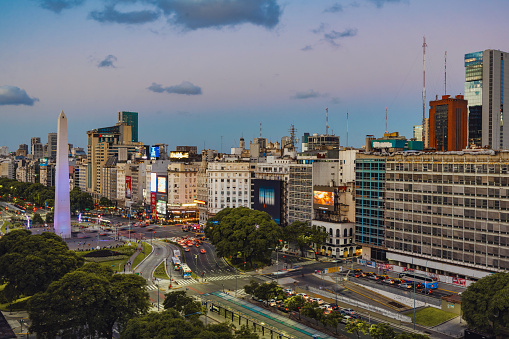 wide panoramic view over central Buenos Aires with Obelisk at sunny day at blue hour