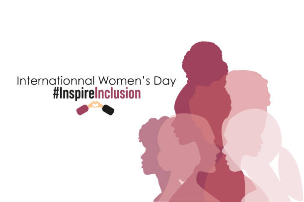 Print International Women's Day banner. #InspireInclusion teamwork slogan stock illustrations