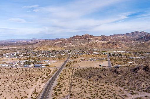 Aerial view of Beatty Nevada a former mining town just outside of Death Valley near Las Vegas Nevada.