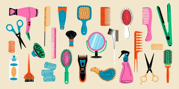 Vector illustration of Set of equipment for a hairdresser. Collection of tools for hair cutting and styling. Hairdryer, hairbrush, scissors and professional tools for barbershop. Hand drawn vector illustration on light bac