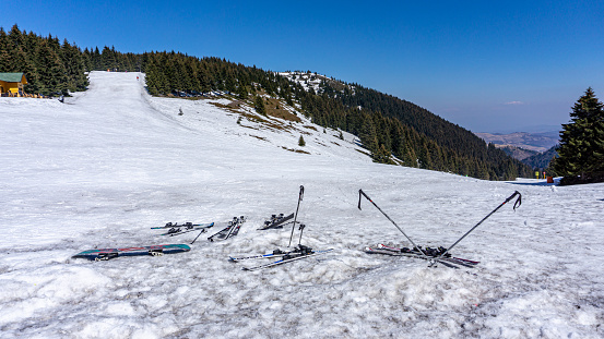 Kopaonik, Serbia-28 March, 2019: Ski resort and slopes during winter season on the mountain covered with white snow giving visitors and families active and enjoyable vacation in beautiful natural environment.