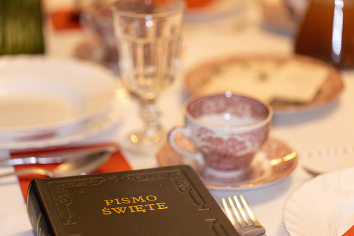 Christman food, table, tradition, Holy Bible on christmas table