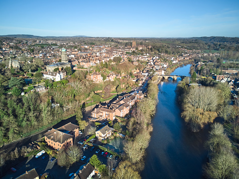 Aerial view showing the River Severn, a road bridge, and the town of Bridgnorth in Shropshire, England