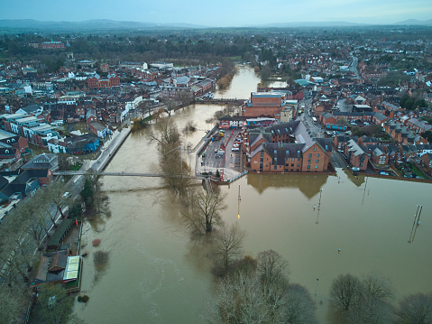 aerial view showing flooding of the River Severn in the centre of Shrewsbury, England