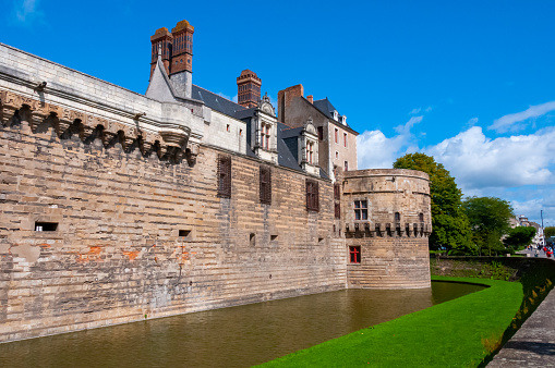 Nantes, France - September 12, 2017: elements of the masonry of the fortress, the Chateau Des Ducs De Bretagne or Castle of the Dukes of Brittany, NANTES