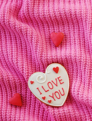 White Handmade Gingerbread with the Inscription I love you on a Pink Sweater Background. Love Declaration. Place for the text. Valentine Concept. Vertical Banner