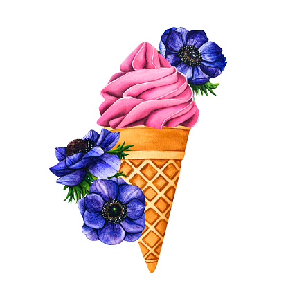 Tasty ice cream with blue anemone flowers. Sweet summer dessert, gelato with different tasties, ice-cream cone and popsicle. Watercolor illustration street frozen food for postcards, design, print.