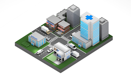 Urban community with shops near schools and hospitals in isometric view. , Traveling in the urban community.,3D rendering