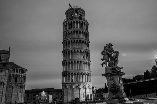 Black and White Pre-Dawn Shot of Leaning Tower of Pisa with Duomo in the Campo dei Miracoli, Pisa, Italy
