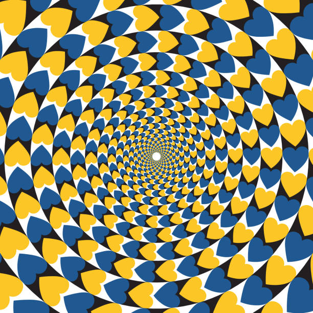 istock Optical illusion circular pattern of yellow and blue hearts shapes. Vibrating background design for visual meditation 1975579261