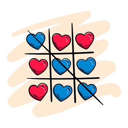 A game of tic-tac-toe with blue and pink hearts. Blue won. Vector illustration