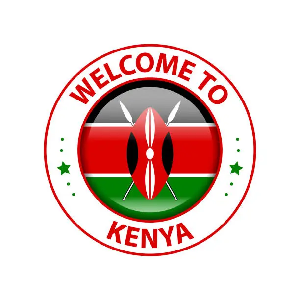 Vector illustration of Vector Stamp. Welcome to Kenya. Glossy Icon with National Flag. Seal Template