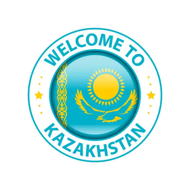 Vector illustration of Vector Stamp. Welcome to Kazakhstan. Glossy Icon with National Flag. Seal Template