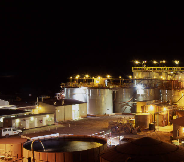 Pine Creek, Northern Territory, Australia, July 11, 1986: Elevated view of Gold Mine processing at night, near the township of Pine Creek