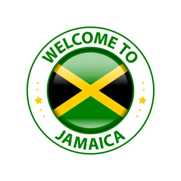 Vector illustration of Vector Stamp. Welcome to Jamaica. Glossy Icon with National Flag. Seal Template