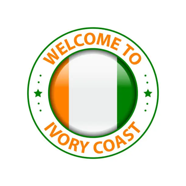 Vector illustration of Vector Stamp. Welcome to Ivory Coast (Côte d'Ivoire). Glossy Icon with National Flag. Seal Template