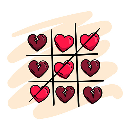 Tic-tac-toe game with pink hearts and broken hearts. Vector illustration