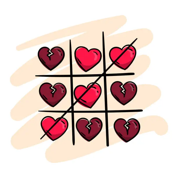 Vector illustration of Tic-tac-toe game with pink hearts and broken hearts