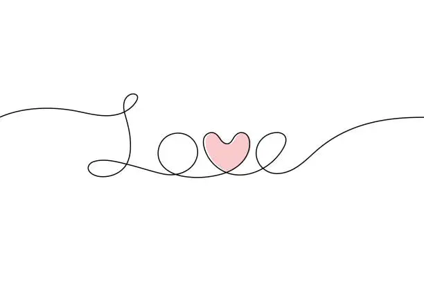 Vector illustration of Love text drawn in continuous lines and a heart symbol embedded in the text for Valentine's Day