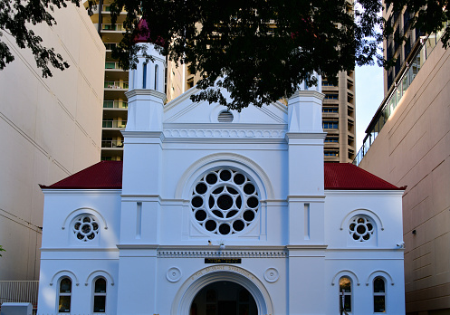 Brisbane, Queensland, Australia: Brisbane Synagogue - shul designed by Arthur Morry, in the style of Historicism, a mixture of Gothic and Byzantine style elements - façade with a rose window with a Star of David, above the large arched portal, which is flanked by two narrow towers - Modern Orthodox Judaism - Margaret Street.