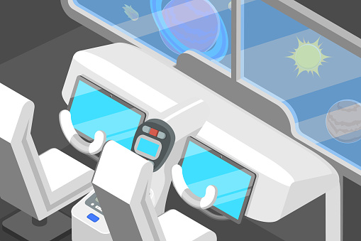 3D Isometric Flat Vector Conceptual Illustration of Spaceship Cabin Interior, Spacecraft Cockpit