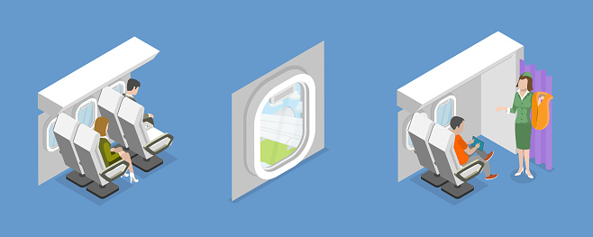 3D Isometric Flat Vector Set of Airplane Items and Scenes, Inside Modern Plane