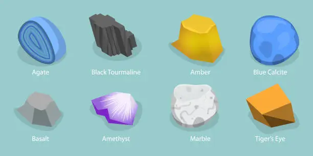 Vector illustration of 3D Isometric Flat Vector Set of Stone Minerals
