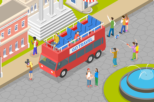 3D Isometric Flat Vector Conceptual Illustration of Tourist Bus, Red Double Decker
