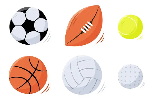 Vector illustration of Set of sport balls in hand draw style isolated on white.Soccer, football,rugby,basketball,volleyball,golf, and tennis ball.Vector illustration of sport equipment . Flat style.