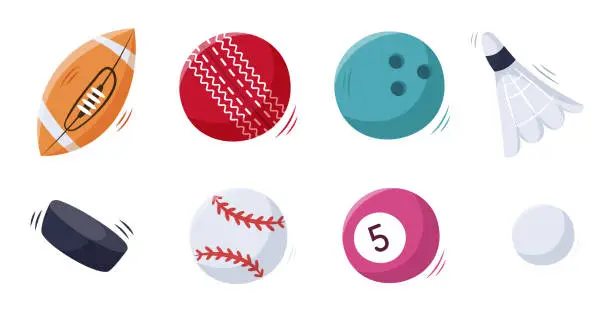 Vector illustration of Set of sport balls in hand draw style isolated on white.Rugby,bowling, shuttlecock badminton,hockey puck,baseball, billiard and ping pong ball.Vector illustration of sport equipment . Flat style.