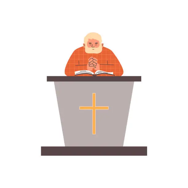 Vector illustration of Priest standing at tribune and reading Bible in religious gesture praying vector illustration, Christianity religion