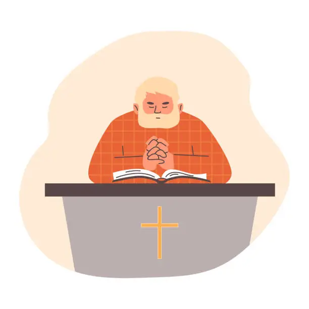 Vector illustration of Priest standing at tribune and reading Bible in religious gesture praying, Christianity religion vector illustration