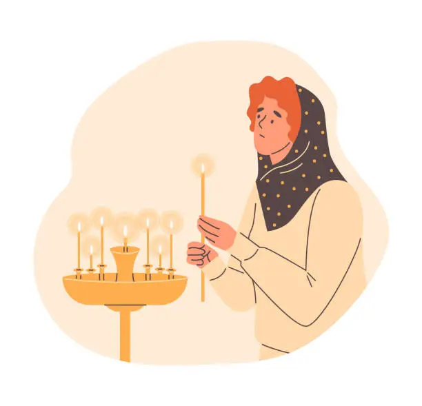 Vector illustration of Woman lights candles in church, vector illustration on white, cartoon style