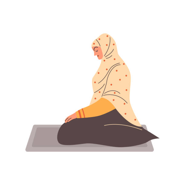 Vector illustration of woman in hijab sitting peacefully on prayer mat Serene muslim woman in hijab praying in silent prayer on mat. Cartoon vector illustration captures tranquility and spirituality of personal faith practice. Isolated on white background. i love allah in arabic silhouettes stock illustrations