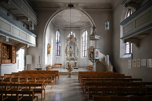 Historical Constance Cathedral (Konstanzer Muenster) isolated on blue sky in the city of Constance (Konstanz) in Baden-Wuerttemberg, Germany.