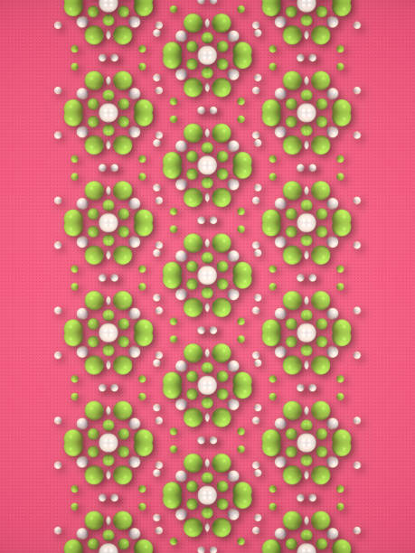 Pattern of green and white shiny pearlescent spheres on pink surface. Optical illusion. 3d rendering digital illustration