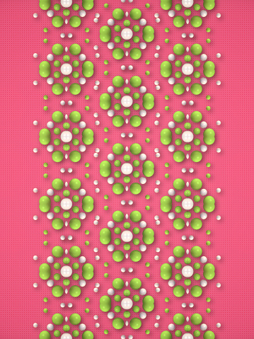Pattern of green and white shiny pearlescent spheres on pink surface. Optical illusion. 3d rendering digital illustration
