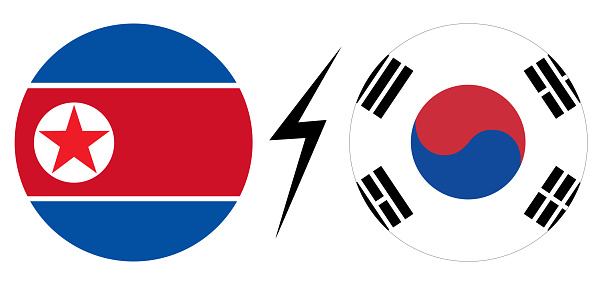 South Korea vs North Korea. Flags of South Korea and North Korea in circle shape