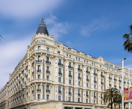 Cannes, France April 10 2023: Carlton Hotel on the seafront in Cannes, Cote d'Azur, French Riviera