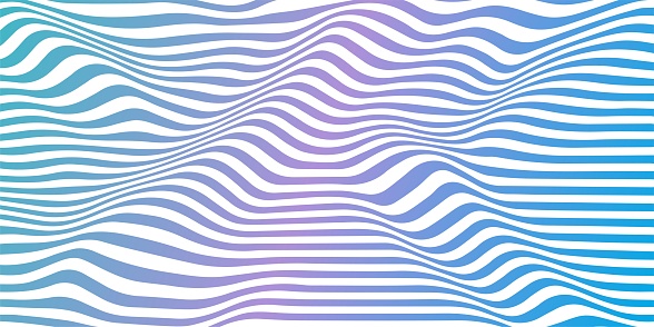 Abstract geometric volumetric waves on transparent background. Striped volumetric blue and purple wavy background.