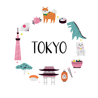 Colorful image, circle design with buildings, famous places, symbols of Tokyo, Japan.
