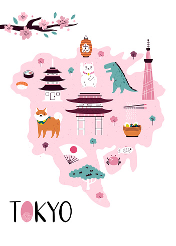 Vector stylized illustrated city map of Tokyo with famous landmarks, places and symbols.