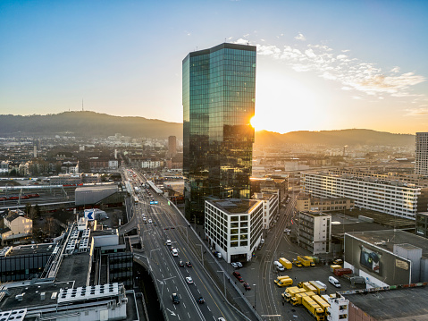 Prime Tower skyscraper at industrial district of City of Zürich, drone perspective